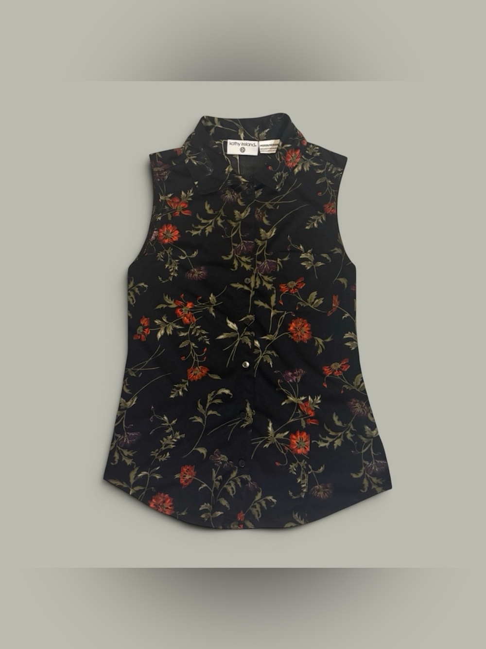 Kathy Ireland Women’s Size Medium Black Sleeveless Button-Down Floral Top